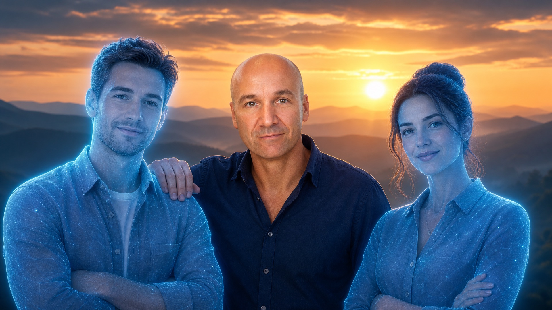 The Braeside AI founder with AI teammates at sunset over the hills.